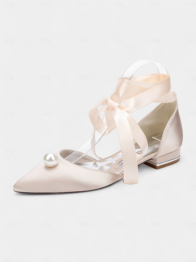 Women's Pearl Navy Toe - Satin Pointed Flats Embellished FashionChic