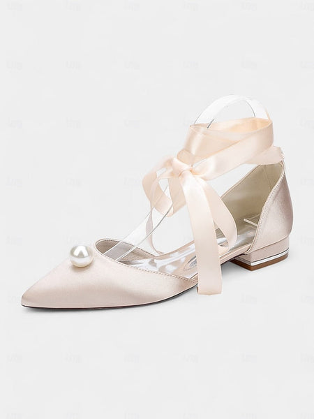 Women's Pearl Navy Toe - Satin Pointed Flats Embellished FashionChic