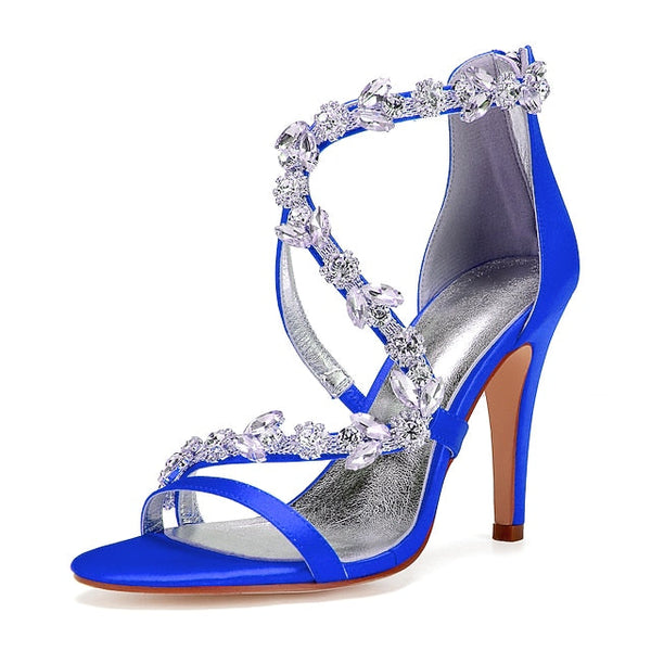 Pink Rhinestone Women's Heel Satin Floral High Sandals with FashionChic