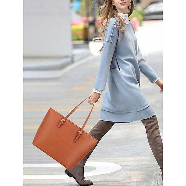 - Women's Faux Tote Brown Bag Leather Classic Large FashionChic