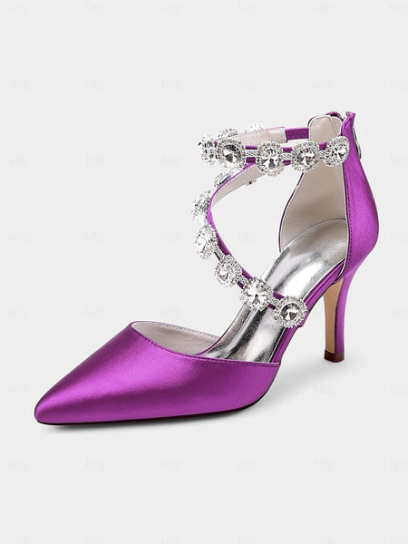 with Ankle Purple Women's Satin Heels Crystal Stiletto FashionChic