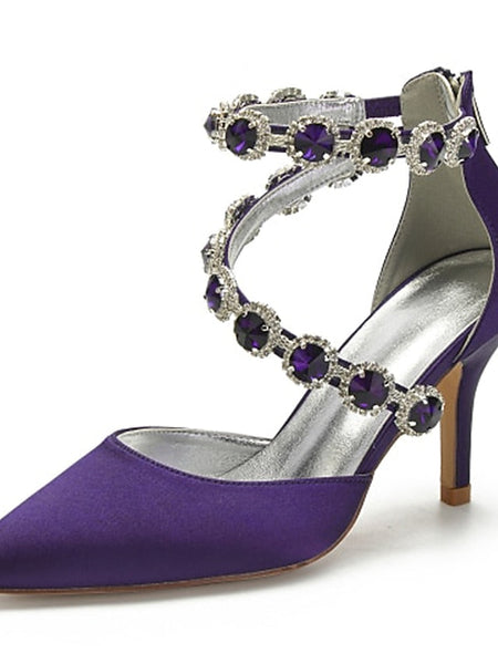 Purple Rhinestone Satin High Women's Shoes Heel with FashionChic