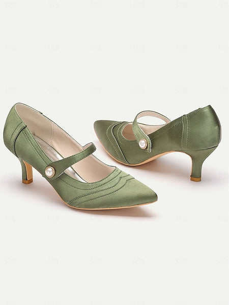 Heels Jane Satin Green Button Pearl - with Elegant Mary FashionChic