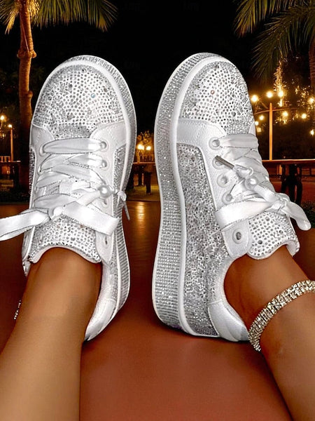 Lace-Up Women's Glamorous - Rhinestone Sneakers Sparkly FashionChic