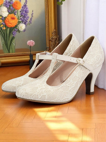 Vintage Women's Lace Heel Mid Ivory T-Strap Pumps-1920s FashionChic