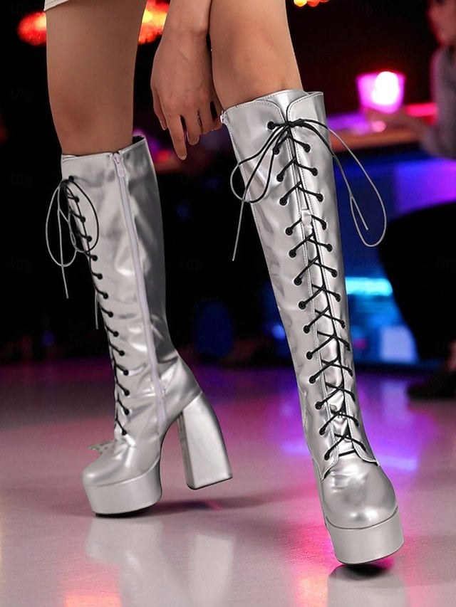 Platform Silver High Metallic Boots - Women's Lace-Up Knee FashionChic