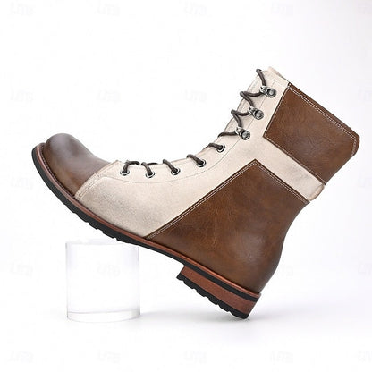 Mid-Calf Men's Faux Leather Two-Tone Lace-Up Boots Vintage FashionChic