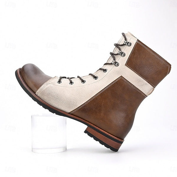 Faux Leather Lace-Up Men's Vintage Mid-Calf Boots Two-Tone FashionChic
