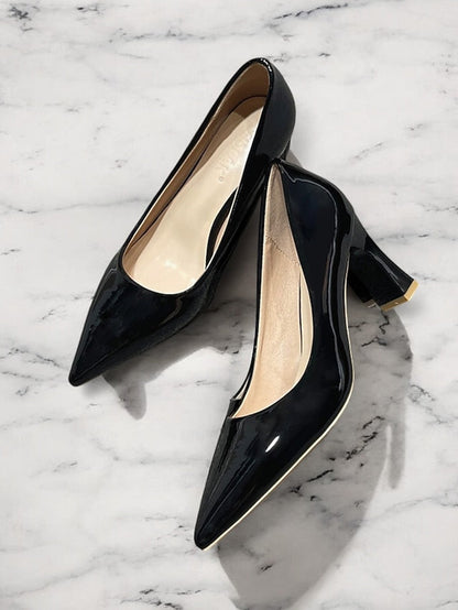 Pointed-Toe Glossy Patent Leather Heel Green Pumps Faux Block FashionChic