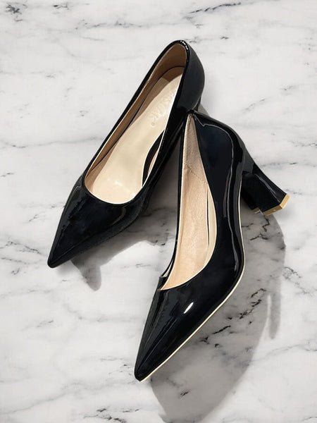 Pointed-Toe Glossy Patent Leather Heel Green Pumps Faux Block FashionChic
