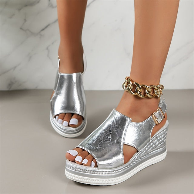 Sandals Metallic Wedge Buckle Women's with Open-Toe Silver FashionChic