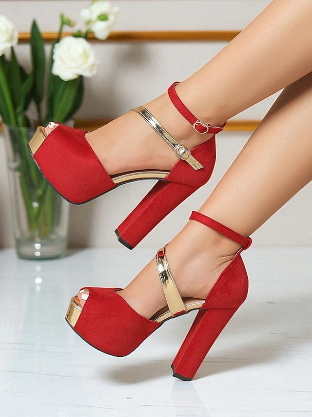 Toe Heel Suede Red Block Sandals Peep Women's Platform - FashionChic