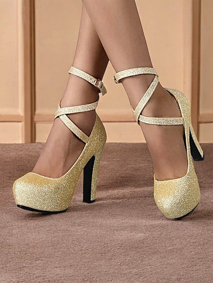 Ankle Glitter Heels Platform – Pink Women's with Strap FashionChic