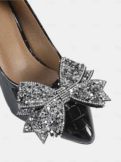 Glitter Bow Black Women's Leather Patent Heels with Wedge FashionChic