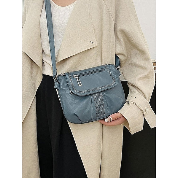 with Faux Bag Women's Leather Brown Crossbody Studded FashionChic