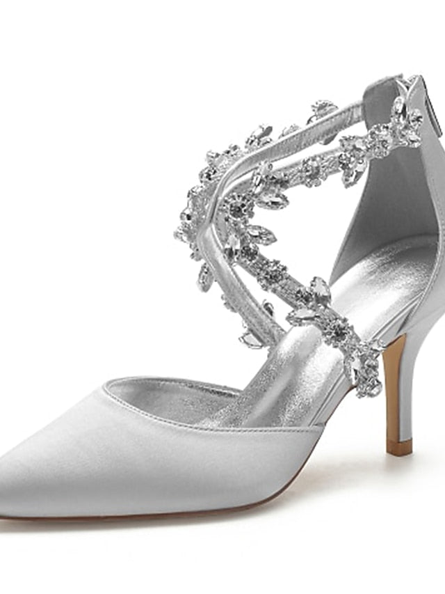 Heels Elegant Women's Satin White Crystal – Strap Pointed FashionChic