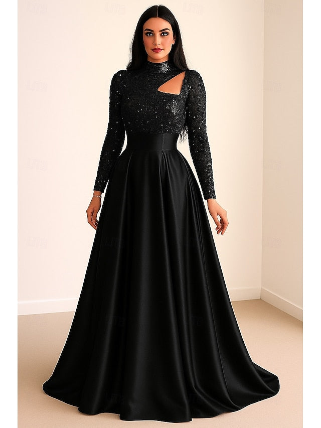 Black Formal Dress A-Line Carnival Gown Evening Sequined Elegant FashionChic