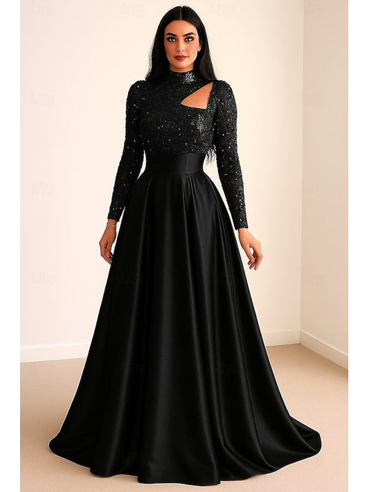 Black Formal Dress A-Line Carnival Gown Evening Sequined Elegant FashionChic