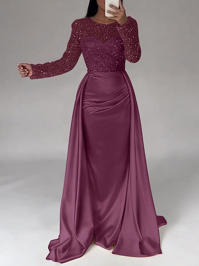 RuchedSatin Dress Sleeves Mermaid Gown Evening Sequin Long FashionChic