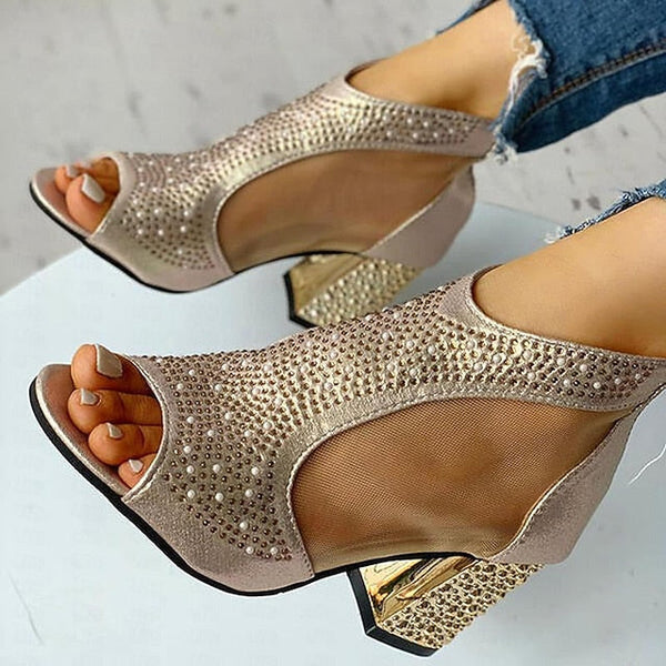 Glitter Sandals Peep Elegant Heeled with Gold Toe Women's FashionChic