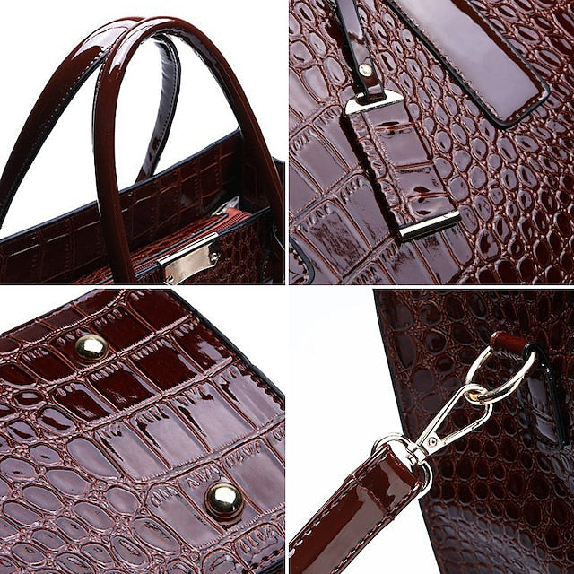 Women's Black Patent Crocodile Leather Pattern Handbag with FashionChic