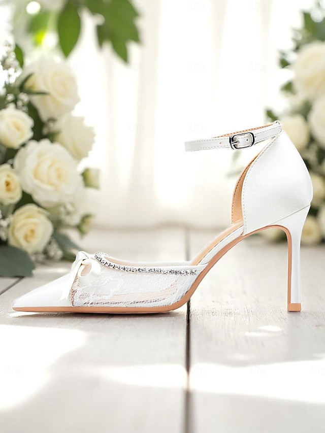 High Satin Heels Lace Women's White FashionChic