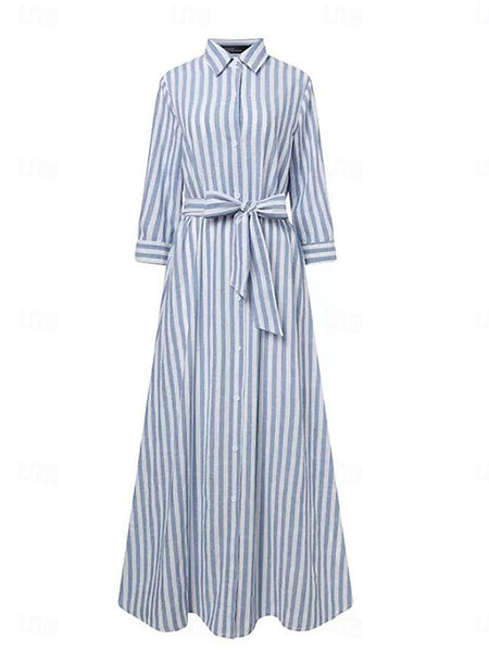 Women's Blue Black Summer Spring Maxi Dress Cotton Linen FashionChic