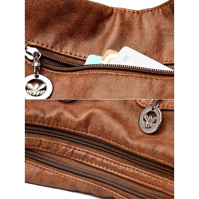 Brown Leather Women's Bag Multiple Faux Pockets with Hobo FashionChic