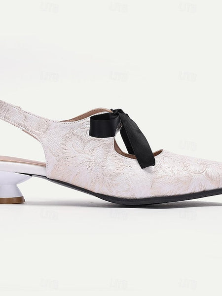 Heels Lace Bow Vintage Slingback Women's Elegant - with FashionChic