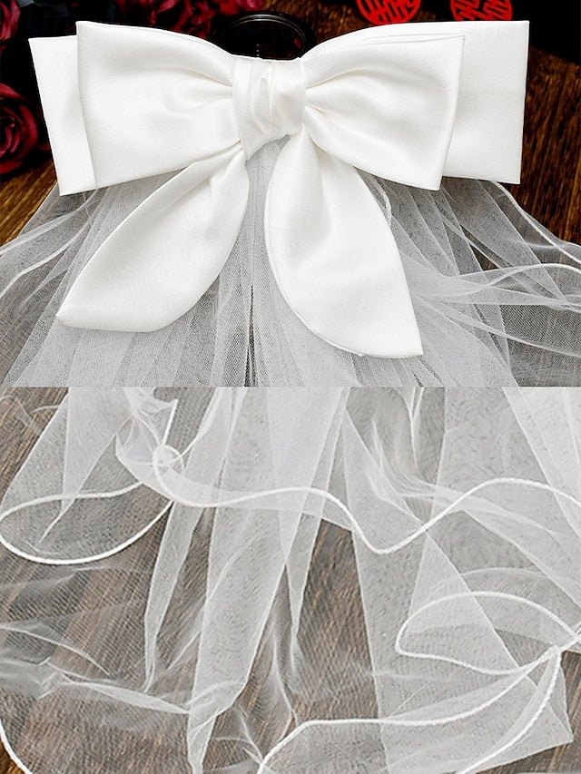 and Soft - Bridal Satin Tulle Ivory Ribbon with Veil Elegant FashionChic