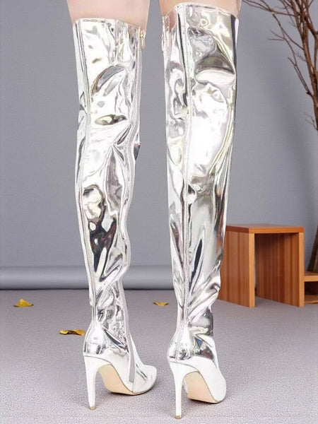 Toe Women's Patent Over-the-Knee Black Pointed Leather FashionChic