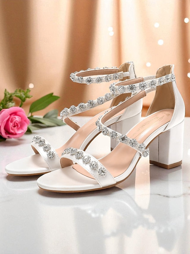 White Elegant Rhinestone - Women's Open Heel Block Sandals FashionChic