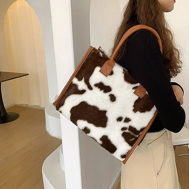 Tote Bag with Leather Faux Leopard Print Brown Women's Fur FashionChic