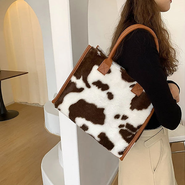 Leopard Bag Fur Brown Leather Women's Faux Print with Tote FashionChic