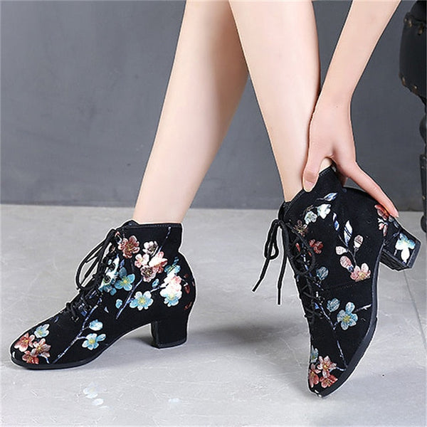 Floral Comfortable Women Lace-up – Black Low for Dance Shoes FashionChic