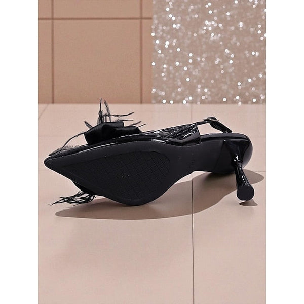 Patent Leather Women's Slingback Feather with Black Heels FashionChic