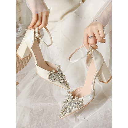 Women's Block Rhinestone and Embellished Wedding Pearl Heel FashionChic