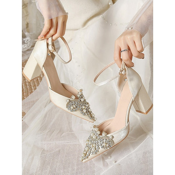 Pearl and Women's Heel Wedding Rhinestone Block Embellished FashionChic