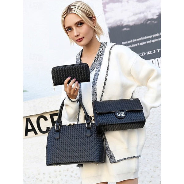 Handbag Set Brown Leather Women's Woven – 3-Piece Faux FashionChic