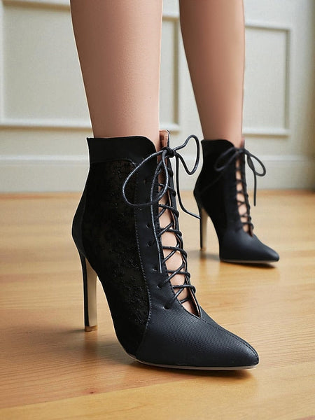 Women's Mesh Booties Ankle Lace Stiletto White Heels with FashionChic