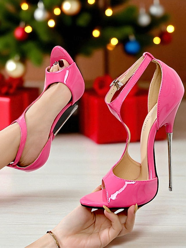 Women's Strappy Red Open Stiletto Heels Leather - Patent FashionChic