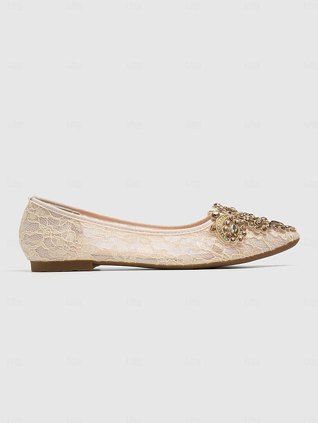 Ornate Elegant with Beige Lace Ballet Flats Women's FashionChic
