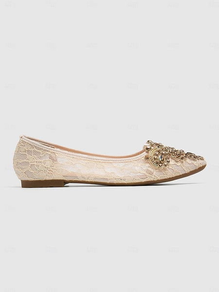 Ornate Elegant with Beige Lace Ballet Flats Women's FashionChic