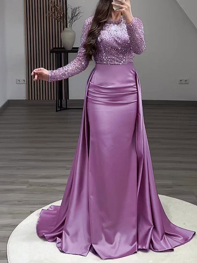 RuchedSatin Dress Sleeves Mermaid Gown Evening Sequin Long FashionChic