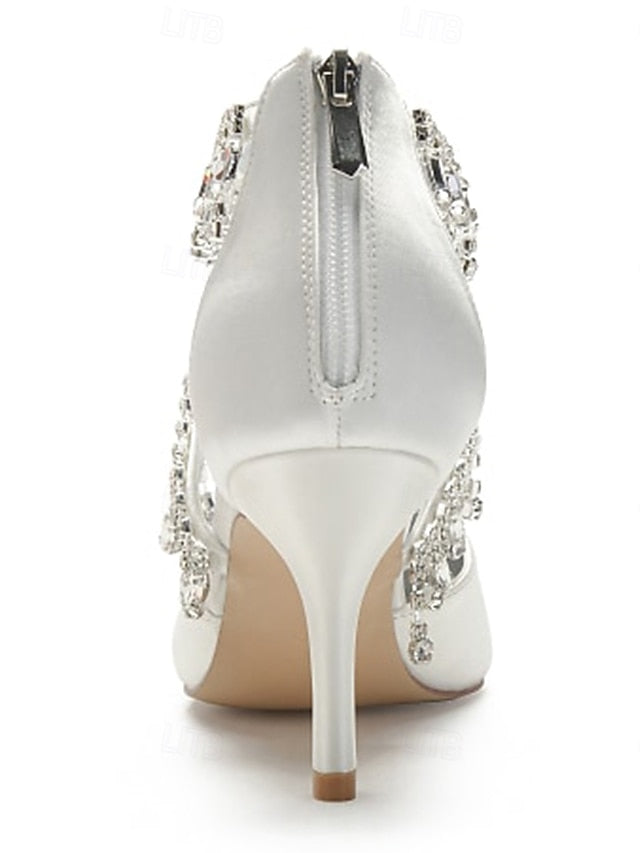 Heels Elegant Women's Satin White Crystal – Strap Pointed FashionChic