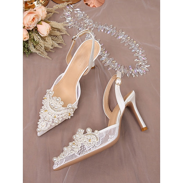 Pearl-Embellished with Slingback Kitten White Pointed-Toe Heel FashionChic