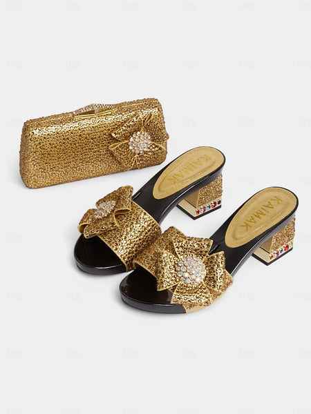Clutch Heel Sparkling Bow Matching High with Sandals Rhinestone FashionChic