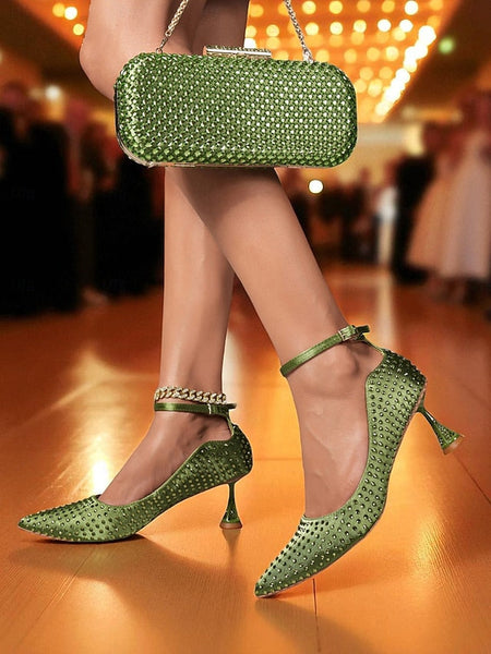 Clutch Matching Women's Set Green Bag Rhinestone Heels and FashionChic