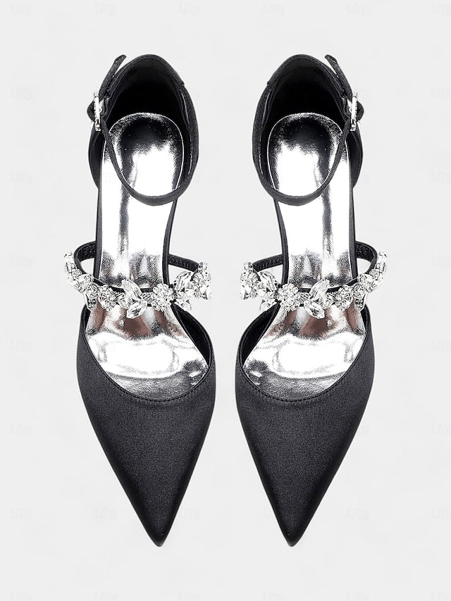- Satin Embellishments Rhinestone Black Women's with Heels FashionChic