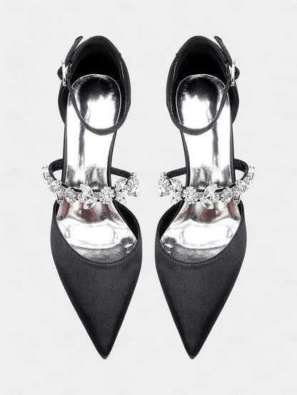 - Satin Embellishments Rhinestone Black Women's with Heels FashionChic